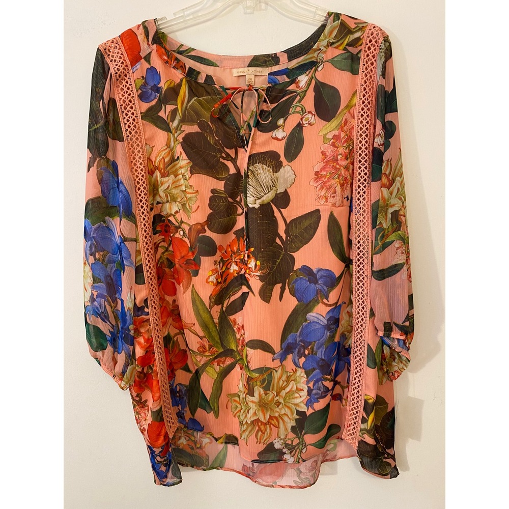 Boho Floral Romantic Sheer Blouse Lace Trim Cottagecore Top 2X NWT